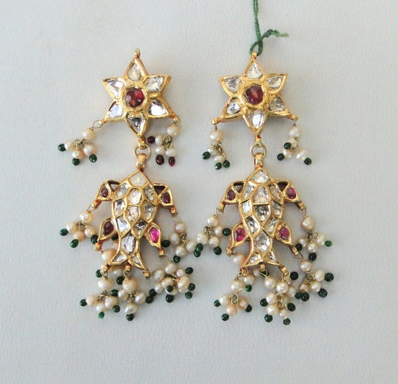 Vintage Antique 20k Gold Diamond Polki Earring Pa… - image 1