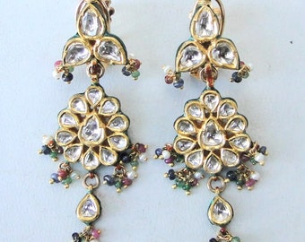 Vintage Antique 22 K Gold Diamond Kundan Meena Earring