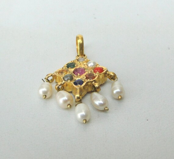 Vintage antique 20K Gold Navratan pendant necklac… - image 3