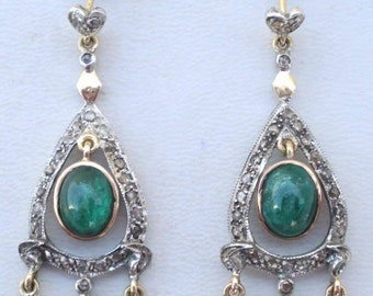 Victorian Diamond & Emerald 14 Ct Gold Silver Earring Rajasthan India