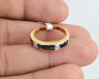 14 K Solid Gold Blue Sapphire & Diamond Gemstone Ring