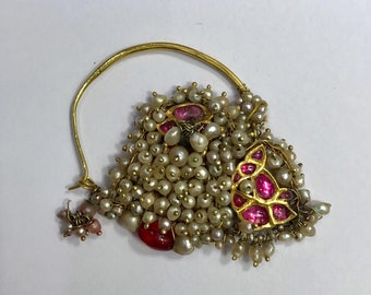 Vintage Antique Ethnic Tribal Solid 20K Gold Pearl Jewelry NOSE RING (Nath) India