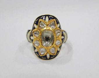 Vintage antique solid 22k Gold Rose cut Diamond Enamel work handmade Ring