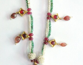 Vintage antique Solid 20K Gold jewelry Ruby Emerald Pearl Necklace Pendant