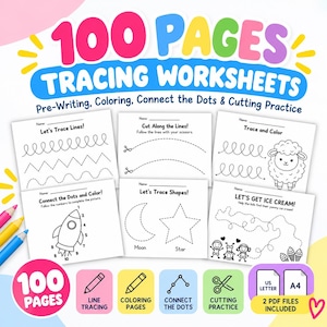 May include: A digital collection of 100 pages of tracing worksheets featuring pre-writing, coloring, connect the dots, and cutting practice activities. The set includes US Letter and A4 size PDF files for educational use.