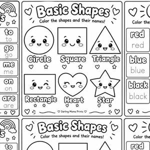 Pacchetto di schede didattiche stampabili per la scuola materna: alfabeto ABC, numeri da 0 a 20, forme, colori e parole da imparare a memoria.