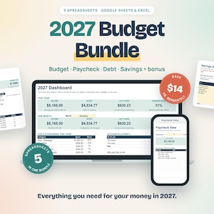 May include: A 2027 budget bundle digital spreadsheet set for Google Sheets and Excel. The display shows a dashboard, paycheck view, and savings goals with financial data. Includes a 5 spreadsheets in one bundle badge and a save $14 sticker.