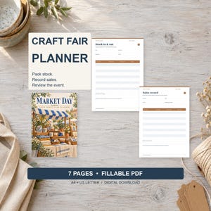 Könnte beinhalten: Ein 7-seitiger ausfüllbarer PDF-Planer für Kunsthandwerkermärkte mit einem Deckblatt mit Marktstand-Illustration, einem Stock in & out-Formular und einem Sales record-Formular. Der Text lautet Craft Fair Planner, Market Day und 7 Pages Fillable PDF.