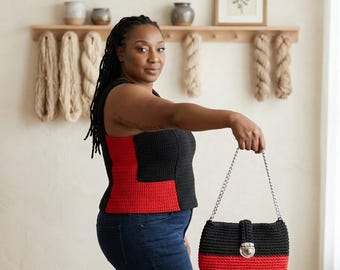 May include: A sleeveless black and red crocheted top paired with a matching black and red crocheted handbag. The handbag features a silver-toned metal chain strap and a silver-toned push-lock closure on the front flap.