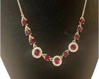 Vintage Givenchy Signed Silver Tone Red & Clear Rhinestone Necklace 16-19” Lux