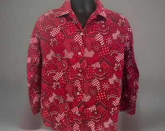 Chemise vintage western à boutons patchwork en coton à carreaux rouges à fleurs, unisexe, taille M/L