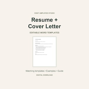 May include: A digital download featuring Exist Amplified Studio Resume + Cover Letter editable Word templates. The document displays a layout with sections for name, professional summary, experience, education, and skills on a light background.