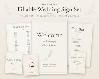 Sage Green Wedding Sign Bundle, Fillable PDF & Editable Photopea Files, Welcome Sign, Seating Chart Template, Bar Menu, Table Numbers
