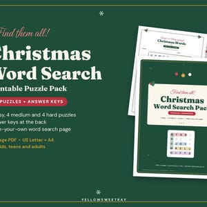 May include: A printable Christmas Word Search puzzle pack featuring 12 puzzles and answer keys. The dark green cover displays the text Find them all! Christmas Word Search Printable Puzzle Pack, 12 puzzles + answer keys, 4 easy, 4 medium and 4 hard puzzles, and 19-page PDF.