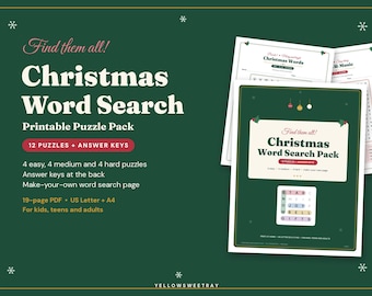 Christmas Word Search Printable, 12 Holiday Puzzles for Kids & Adults, Easy to Hard with Answer Keys, Classroom Activity, Xmas Party PDF