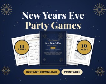 Feestspelletjes voor volwassenen en het hele gezin op oudejaarsavond 2027, printbaar pakket van 11 spelletjes: quiz, bingo, charades, speurtocht om middernacht.