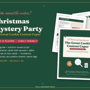 Pode incluir: Um jogo de mist&eacute;rio de Natal imprim&iacute;vel intitulado The Great Cookie Contest Caper. O conjunto inclui um guia do anfitri&atilde;o, roteiro de revela&ccedil;&atilde;o, 12 cartas de personagens com segredos e &aacute;libis, 3 rodadas de pistas, convites, cadernos, folhas de acusa&ccedil;&atilde;o e etiquetas para 6 a 12 jogadores. O design apresenta um fundo verde escuro com texto branco e ilustra&ccedil;&otilde;es de um biscoito, uma lupa e um pote de a&ccedil;&uacute;car.