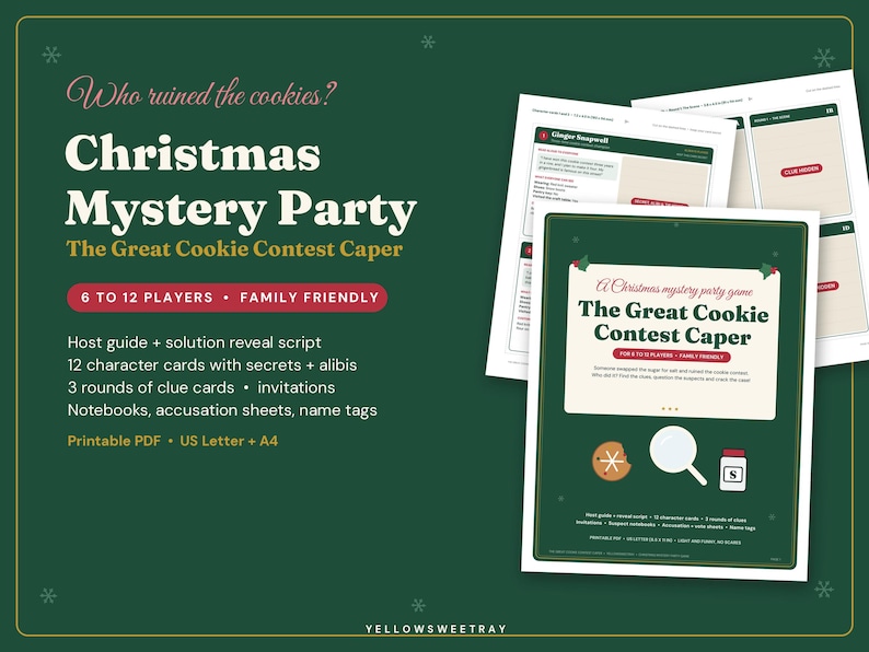 Pode incluir: Um jogo de mist&eacute;rio de Natal imprim&iacute;vel intitulado The Great Cookie Contest Caper. O conjunto inclui um guia do anfitri&atilde;o, roteiro de revela&ccedil;&atilde;o, 12 cartas de personagens com segredos e &aacute;libis, 3 rodadas de pistas, convites, cadernos, folhas de acusa&ccedil;&atilde;o e etiquetas para 6 a 12 jogadores. O design apresenta um fundo verde escuro com texto branco e ilustra&ccedil;&otilde;es de um biscoito, uma lupa e um pote de a&ccedil;&uacute;car.