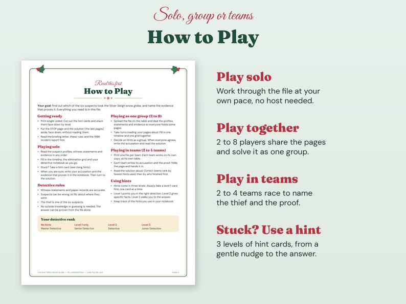 Weihnachtsdetektivspiel zum Ausdrucken: Das Rätsel der zerbrochenen Schneekugel für 1–8 Spieler, Solo, für Paare oder Teams, ungelöster Diebstahl & Logikspiel Bild 3