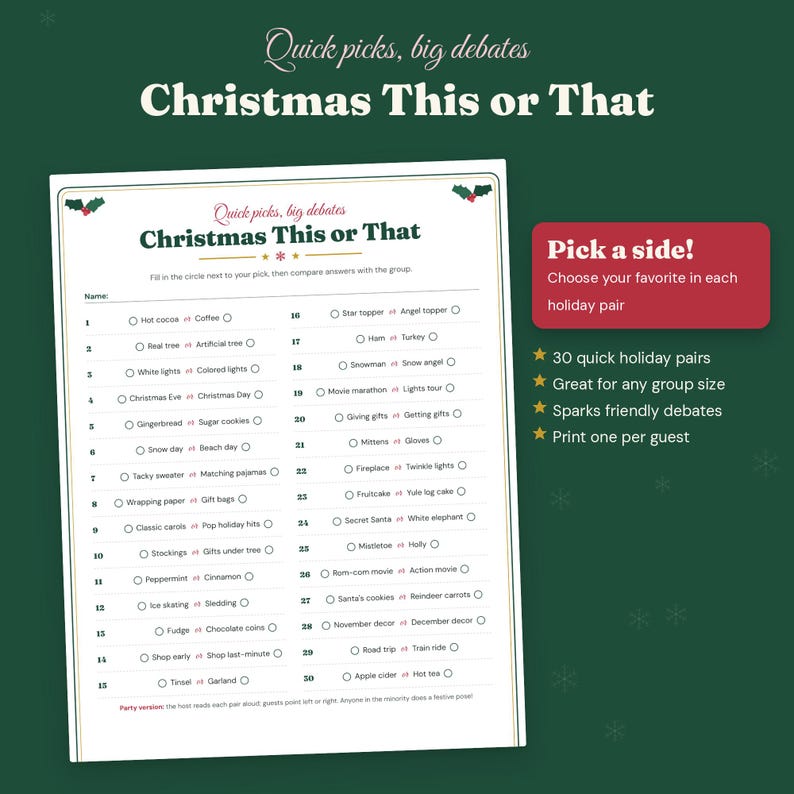 May include: A white printable game sheet titled Christmas This or That with thirty numbered holiday-themed pairs to choose from. The document features holly illustrations, circular selection bubbles, and instructions for a group party activity.