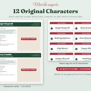 Pode incluir: Um conjunto de 12 cart&otilde;es de personagens e etiquetas de nome para um jogo de mist&eacute;rio. Os cart&otilde;es cont&ecirc;m texto com nomes como Ginger Snapwell e Barry Crumble, com se&ccedil;&otilde;es para intros, segredos, &aacute;libis e ideias de fantasias. 18,3 x 11,4 cm.