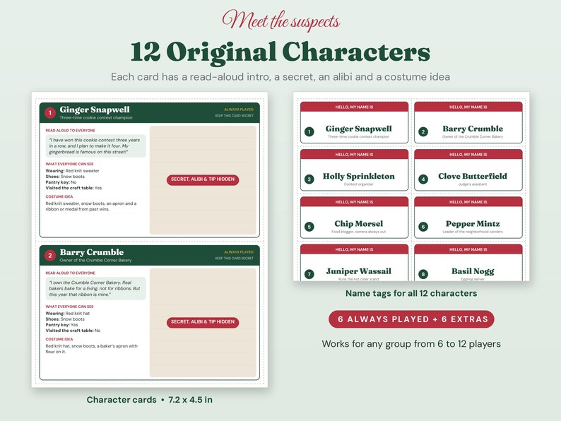 Pode incluir: Um conjunto de 12 cart&otilde;es de personagens e etiquetas de nome para um jogo de mist&eacute;rio. Os cart&otilde;es cont&ecirc;m texto com nomes como Ginger Snapwell e Barry Crumble, com se&ccedil;&otilde;es para intros, segredos, &aacute;libis e ideias de fantasias. 18,3 x 11,4 cm.