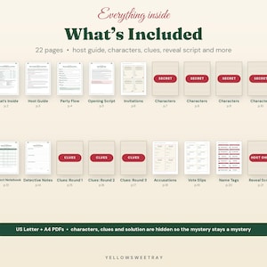 Pode incluir: Um kit de jogo de mist&eacute;rio de assassinato de 22 p&aacute;ginas com capa, guia do anfitri&atilde;o, perfis de personagens, pistas e roteiros. O layout exibe p&aacute;ginas individuais com t&iacute;tulos como What's Inside, Party Flow e Secret, em formatos PDF.