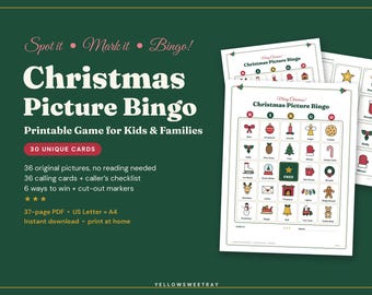 Christmas Bingo Game Printable, 30 Picture Bingo Cards for Kids, Classroom Xmas Party, Preschool & Family Holiday Activity, PDF