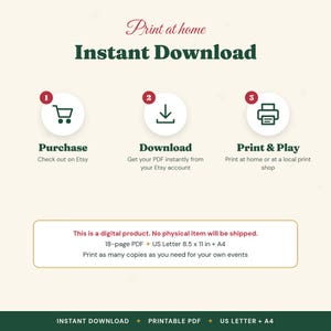 May include: An instructional graphic for a digital product titled Print at home Instant Download. It outlines three steps: 1 Purchase, 2 Download, and 3 Print & Play. It specifies an 18-page PDF in US Letter 8.5 x 11 in and A4 sizes.