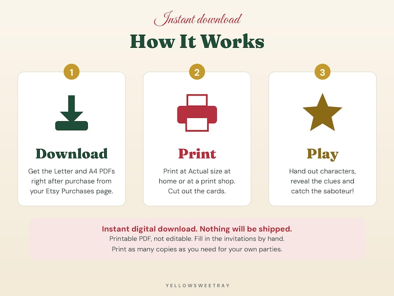 Pode incluir: Um gr&aacute;fico intitulado How It Works com tr&ecirc;s passos: 1. Download com um &iacute;cone de seta verde, 2. Print com um &iacute;cone de impressora vermelha e 3. Play com um &iacute;cone de estrela dourada. O texto explica o processo para arquivos digitais.
