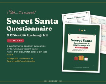 Secret Santa Questionnaire Printable, Fillable Form for Coworkers, Office Gift Exchange Kit, Wish List, Name Draw Slips & Gift Tags