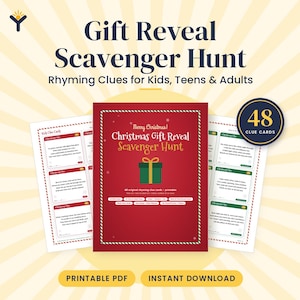 Christmas Scavenger Hunt Clues for Kids, Teens & Adults, Printable Gift Reveal Game, 48 Rhyming Riddle Cards