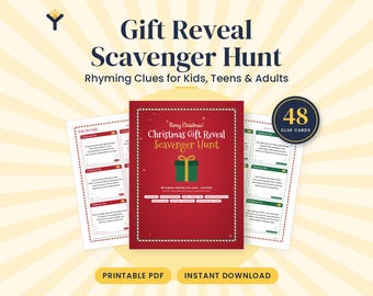 Christmas Scavenger Hunt Clues for Kids, Teens & Adults, Printable Gift Reveal Game, 48 Rhyming Riddle Cards
