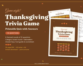 Thanksgiving Trivia Game Printable, Thanksgiving Party Games for Family & Friends, Kids and Adults Trivia Questions, Fall Game Night PDF