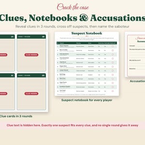 Pode incluir: Um conjunto de jogo intitulado Crack the case Clues, Notebooks & Accusations com quatro cartas de pistas rotuladas de 1A a 1D com texto oculto, uma grelha Suspect Notebook para rastrear suspeitos e uma folha de acusa&ccedil;&atilde;o.