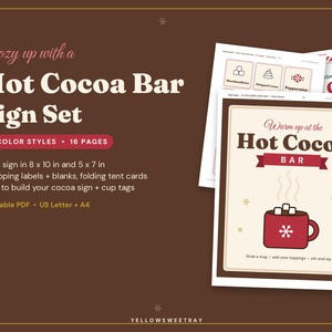 Hot Cocoa Bar Sign Printable, Hot Chocolate Bar Sign Set & Topping Labels, Tent Cards, Cup Tags, Winter Christmas Party Decor PDF