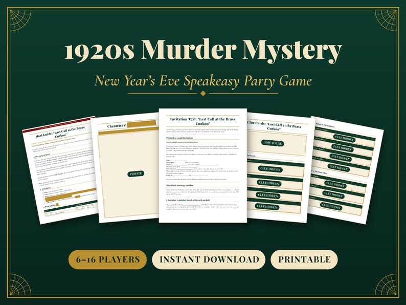 Juego de misterio de asesinato de los años 20, misterio clandestino de Nochevieja para 6-16 jugadores, kit imprimible para el anfitrión y reglas para videollamada, descarga instantánea. imagen 1