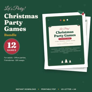 May include: A printable Christmas party games bundle featuring 12 games on a dark green background with white text. The document includes the title Let's Party! Christmas Party Games, a list of game titles, and small white Christmas tree icons.