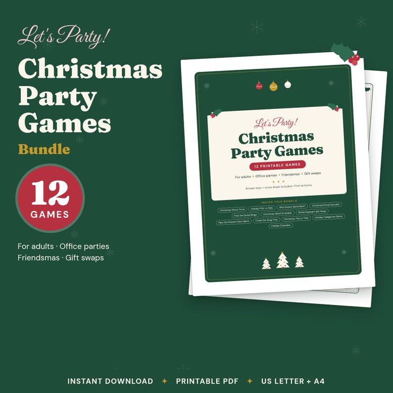May include: A printable Christmas party games bundle featuring 12 games on a dark green background with white text. The document includes the title Let's Party! Christmas Party Games, a list of game titles, and small white Christmas tree icons.