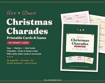 Christmas Charades Printable Cards, 150 Prompts for Kids & Adults, Xmas Draw and Guess, Holiday Party Game, Family Game Night PDF