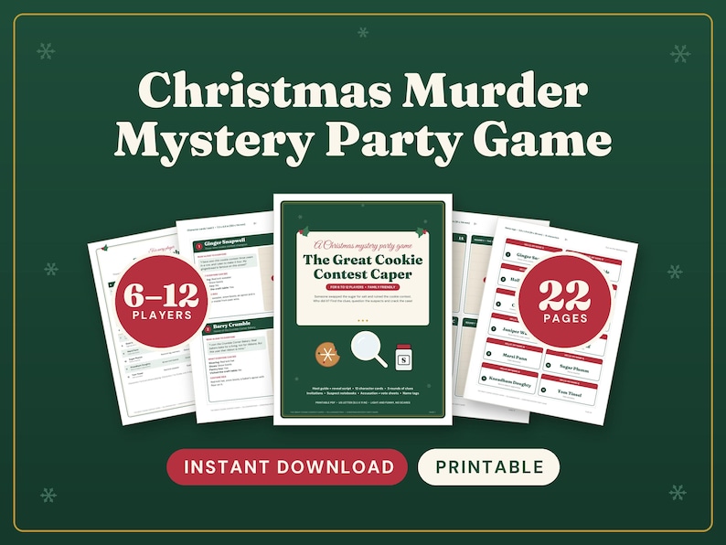 Pode incluir: Um jogo de mist&eacute;rio e assassinato de Natal imprim&iacute;vel intitulado The Great Cookie Contest Caper. O conjunto inclui 22 p&aacute;ginas para 6-12 jogadores, com cart&otilde;es de personagens, pistas e instru&ccedil;&otilde;es em um fundo verde escuro com detalhes vermelhos.