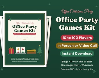 Spelletjespakket voor een kerstfeest op kantoor voor 10 tot 100 collega's, fysiek, via videogesprek of een combinatie hiervan. Inhoud: ijsbrekerbingo, teamquiz en grappige werkprijzen.
