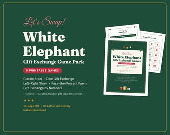 White Elephant Rules & Games Printable, Dice Gift Exchange, Left Right Christmas Story, Office Gift Swap for Large Groups