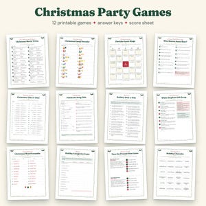 May include: A collection of 12 printable Christmas party games on white paper sheets, including Christmas Movie Trivia, Emoji Decoder, Bingo, Who Knows Santa Best, This or That, Finish the Song Title, Pick-a-Side, White Elephant, Word Scramble, Categories, Dice Game, and Charades.