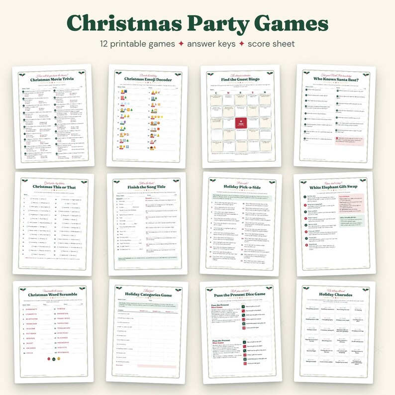 May include: A collection of 12 printable Christmas party games on white paper sheets, including Christmas Movie Trivia, Emoji Decoder, Bingo, Who Knows Santa Best, This or That, Finish the Song Title, Pick-a-Side, White Elephant, Word Scramble, Categories, Dice Game, and Charades.