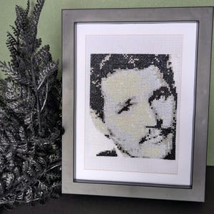 May include: A framed cross-stitch portrait featuring a black and white pixelated image of a person's face. The artwork is displayed in a simple dark gray frame with a white mat, showcasing detailed needlework stitches on a grid fabric background.