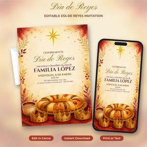 Zaproszenie Día de Reyes edytowalny szablon Canva, zaproszenie na imprezę Rosca de Reyes, zaproszenie na Dzień Trzech Króli, dwujęzyczne zaproszenie telefoniczne, cyfrowe