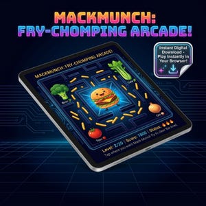 May include: A tablet displaying the game MACKMUNCH: FRY-CHOMPING ARCADE! featuring a central burger character in a maze with broccoli, celery, onion, and tomato icons. The screen shows Level 2/20, a score of 1800, and instructions to tap to clear the level.