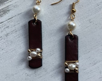 Leather and Glass Pearl Dangle Earrings | 2.25 inches