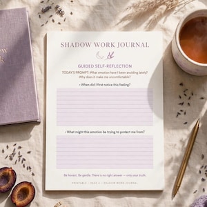 May include: A shadow work journal page with the title Shadow Work Journal, guided self-reflection prompts, and lined sections for writing. The page features a crescent moon and lavender graphic, with text about emotions and honesty.